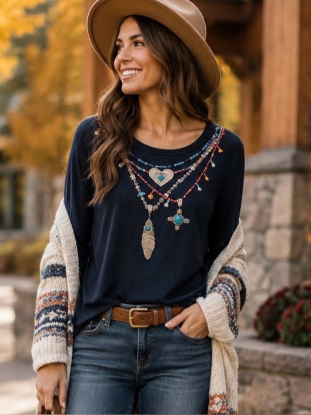 XL Coldwater Creek Navajo Indian Embroidered & Bead Multi Strand Necklace Shirt